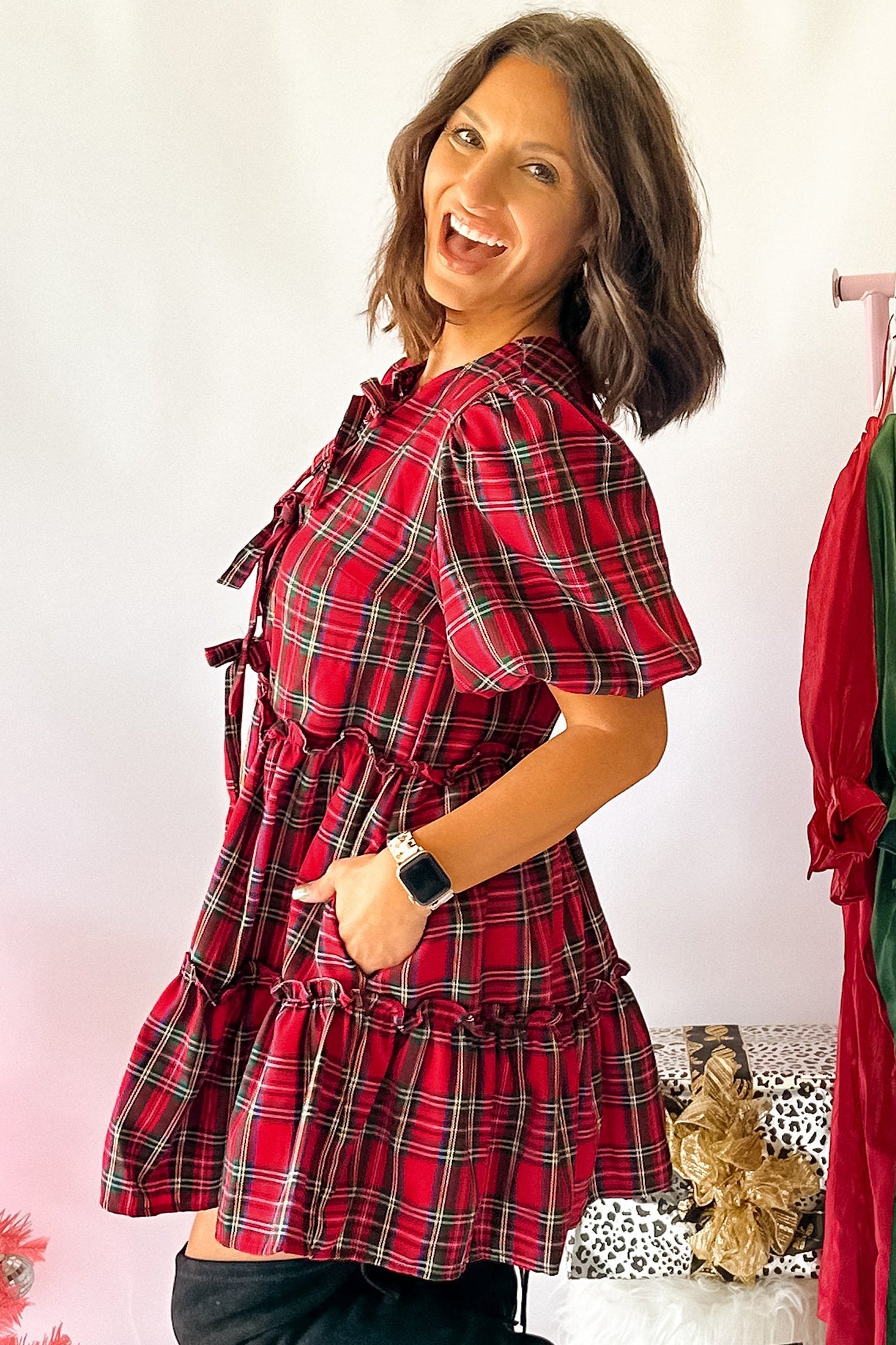 Plaid Bow Tie Neck Short Sleeve Ruffle Mini Dress