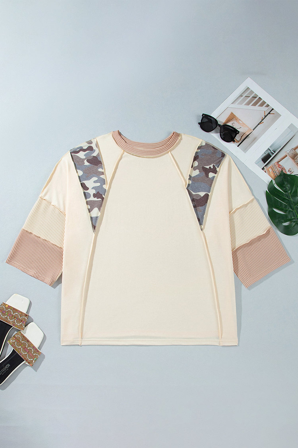 Plus Size Camo Panel Corded Knit Sleeve Blouse