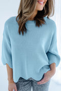 Solid Scalloped Hem 3/4 Sleeve Sweater Top