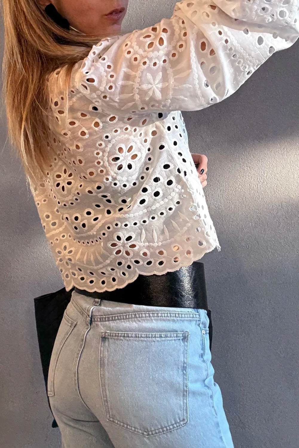Eyelet Embroidered Puff Sleeve Cropped Shirt