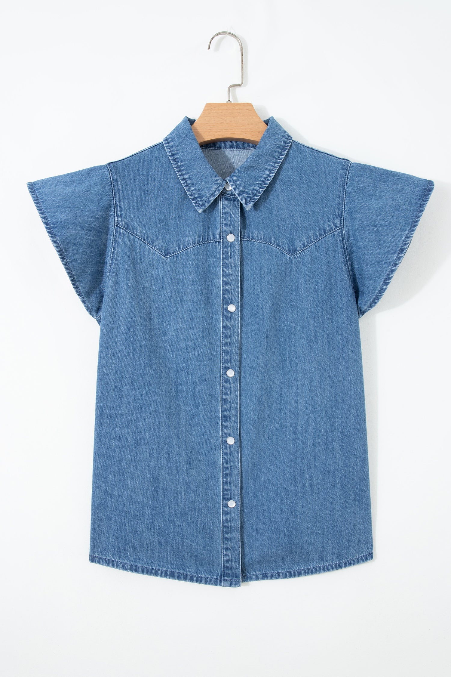 Solid Denim Ruffle Short Sleeve Buttoned Shirt