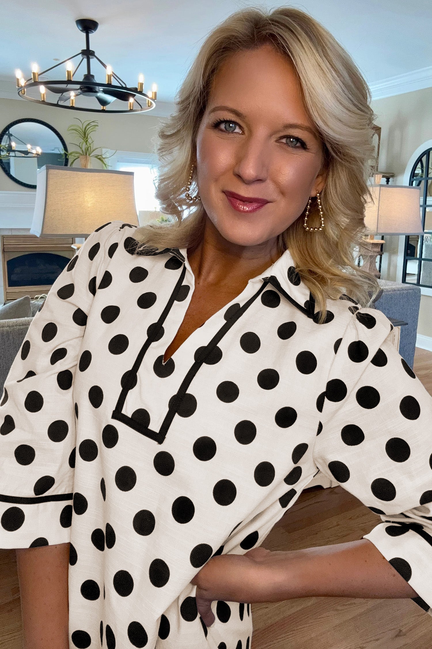 Polka Dot Collar V-Neck 3/4 Sleeve Pockets Mini Dress