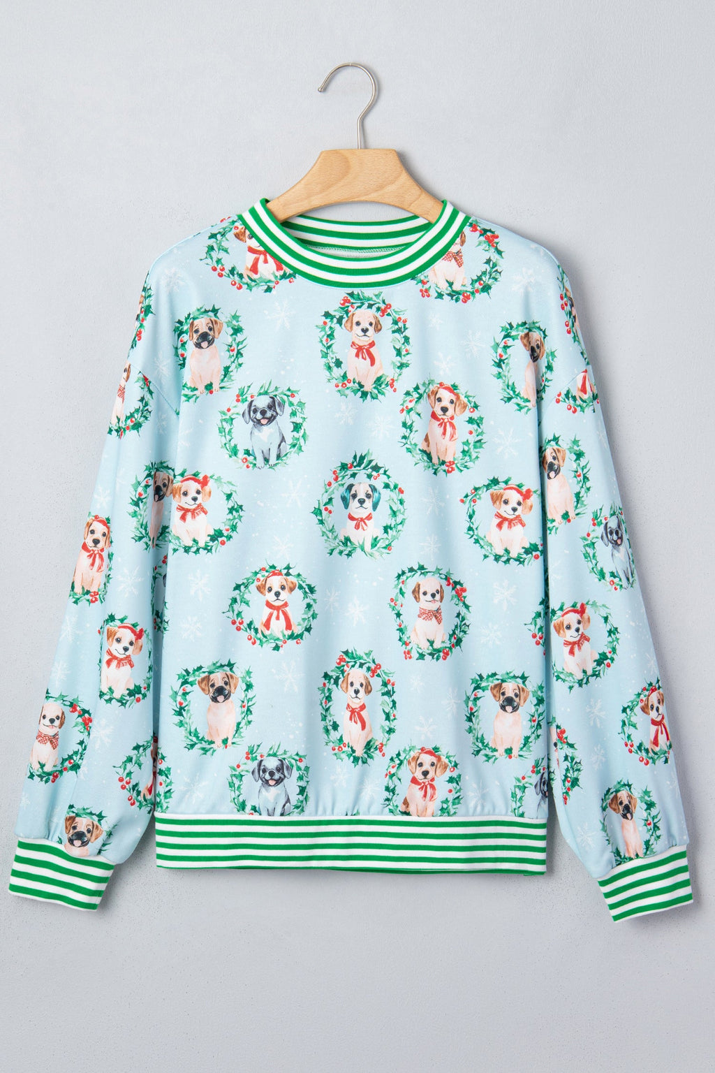 Christmas Wreath Dog Print Stripe Contrast Trim Sweatshirt