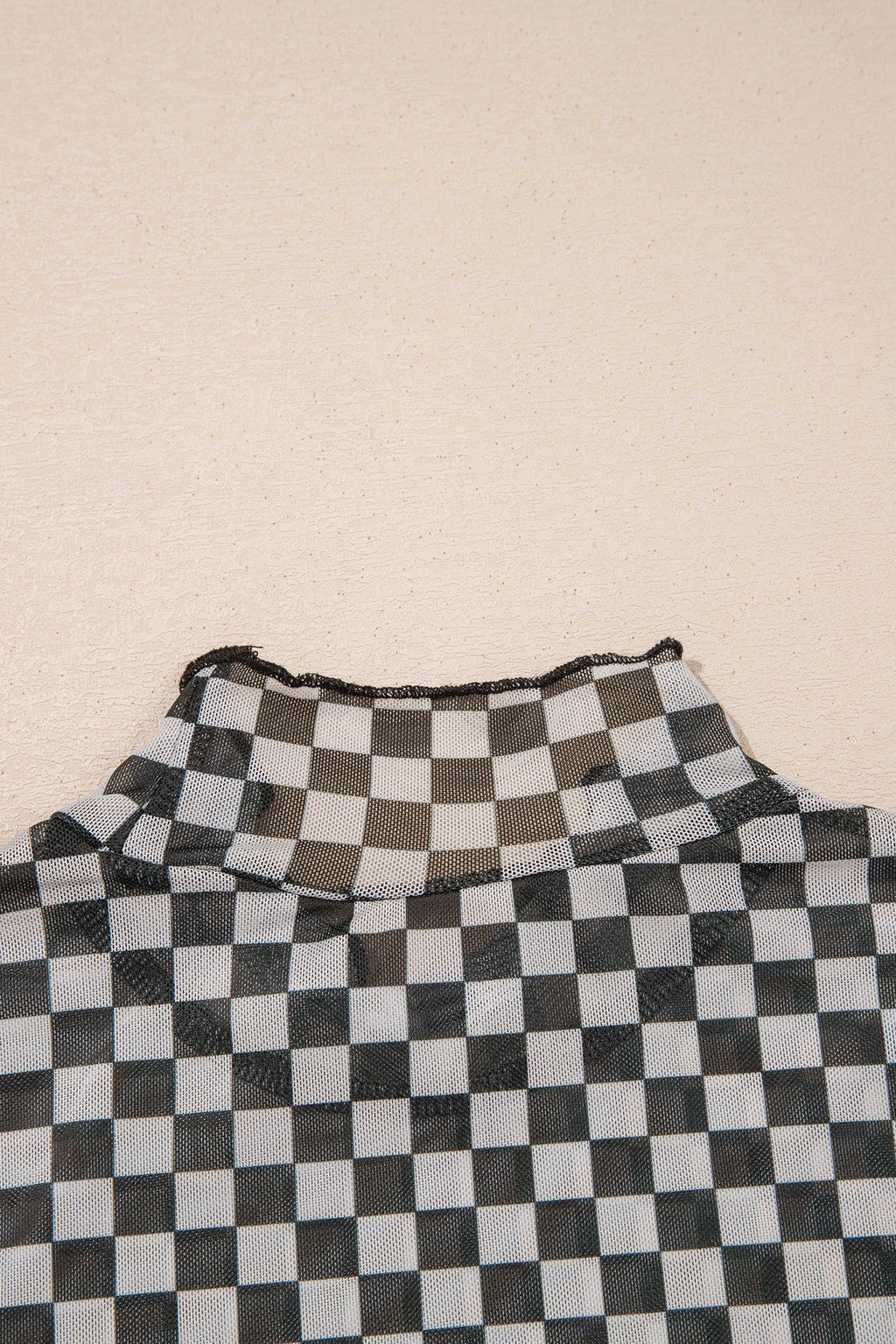 Checker Stand Neck Long Sleeve Mesh Top
