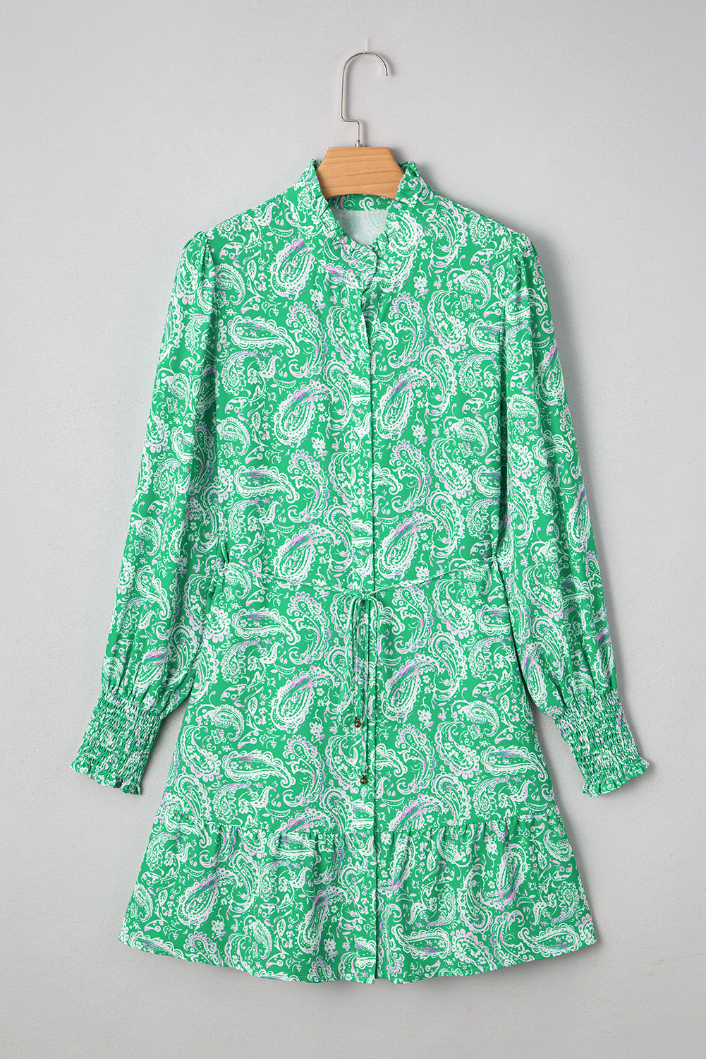 Paisley Button-Front Tied Waist Mini Dress