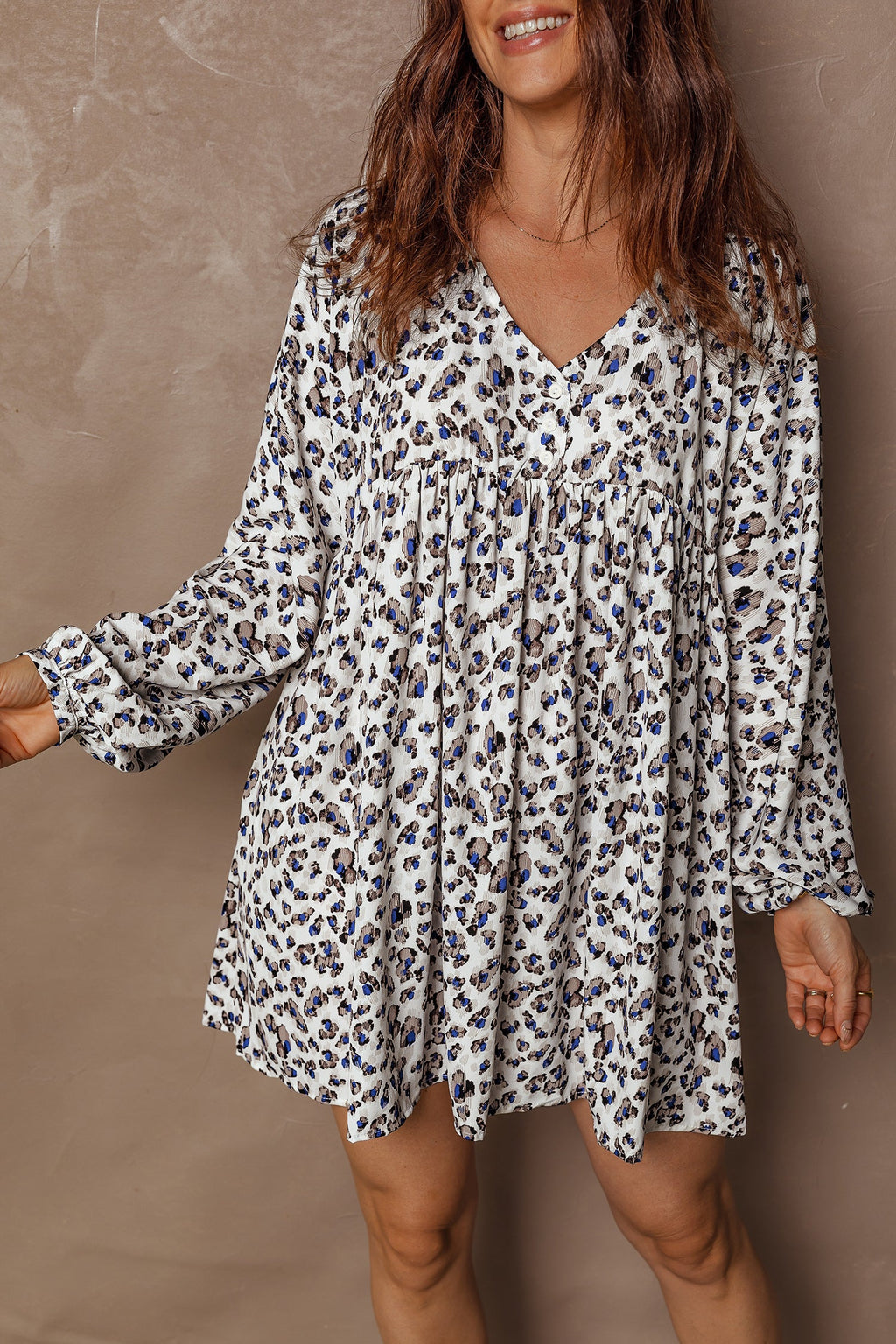 Leopard Buttoned V-Neck Long Sleeve Mini Dress