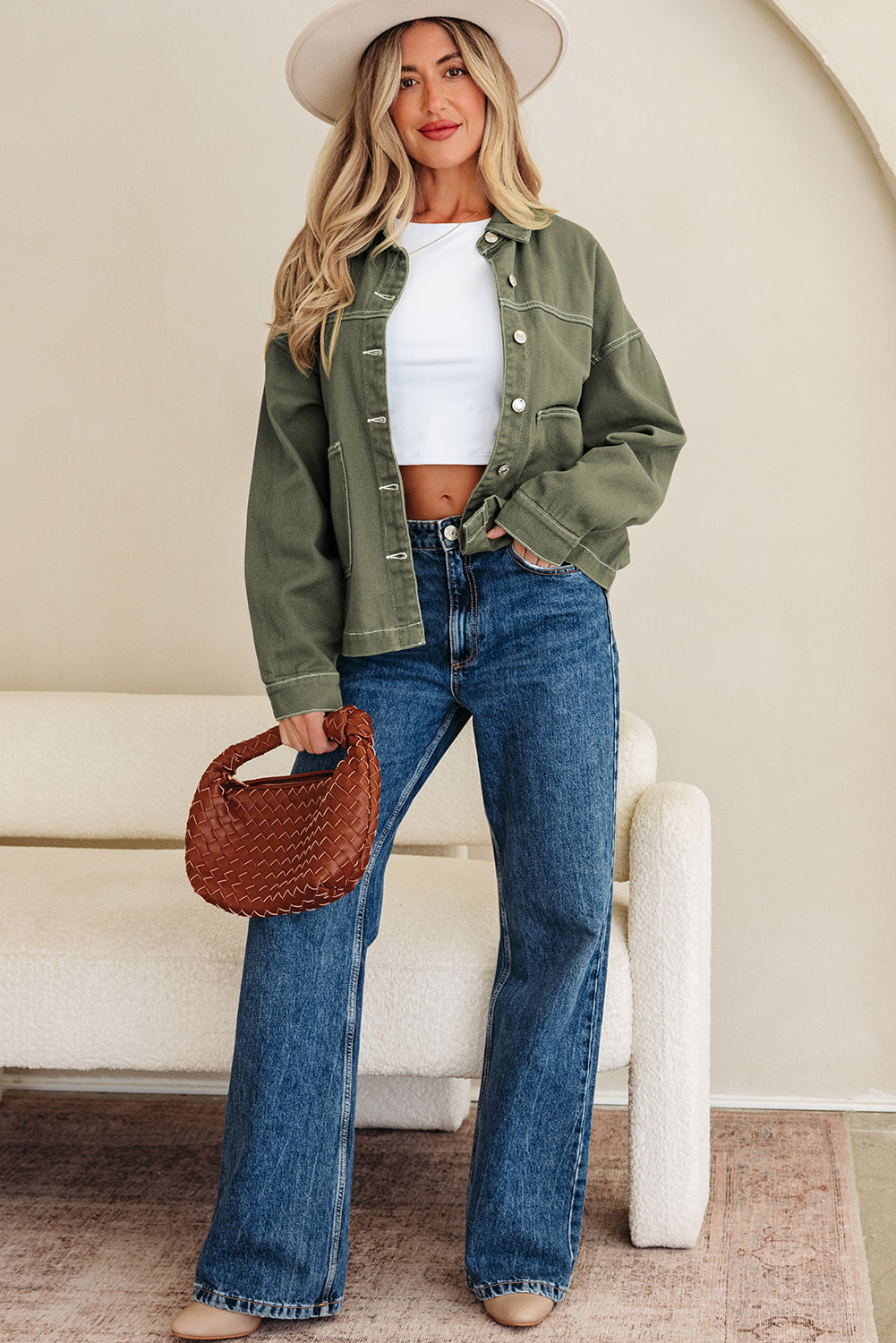 Denim Button-Up Patch Pocket Collared Jacket