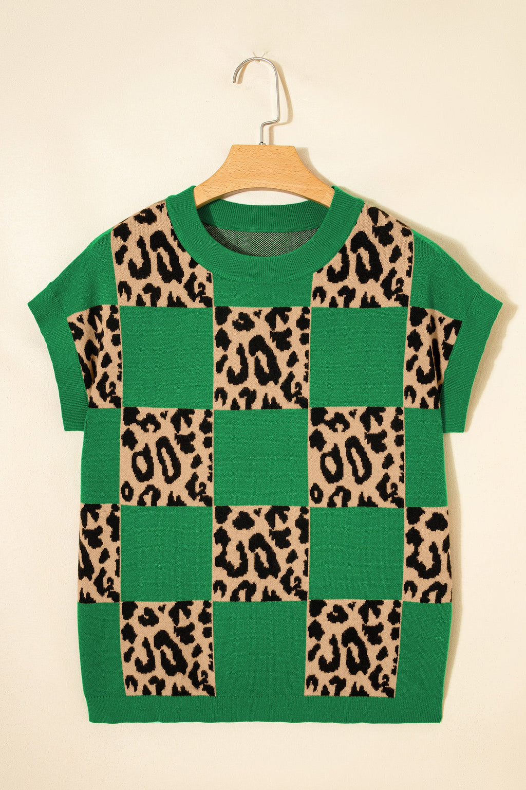 Leopard Checker Short Sleeve Knit Sweater