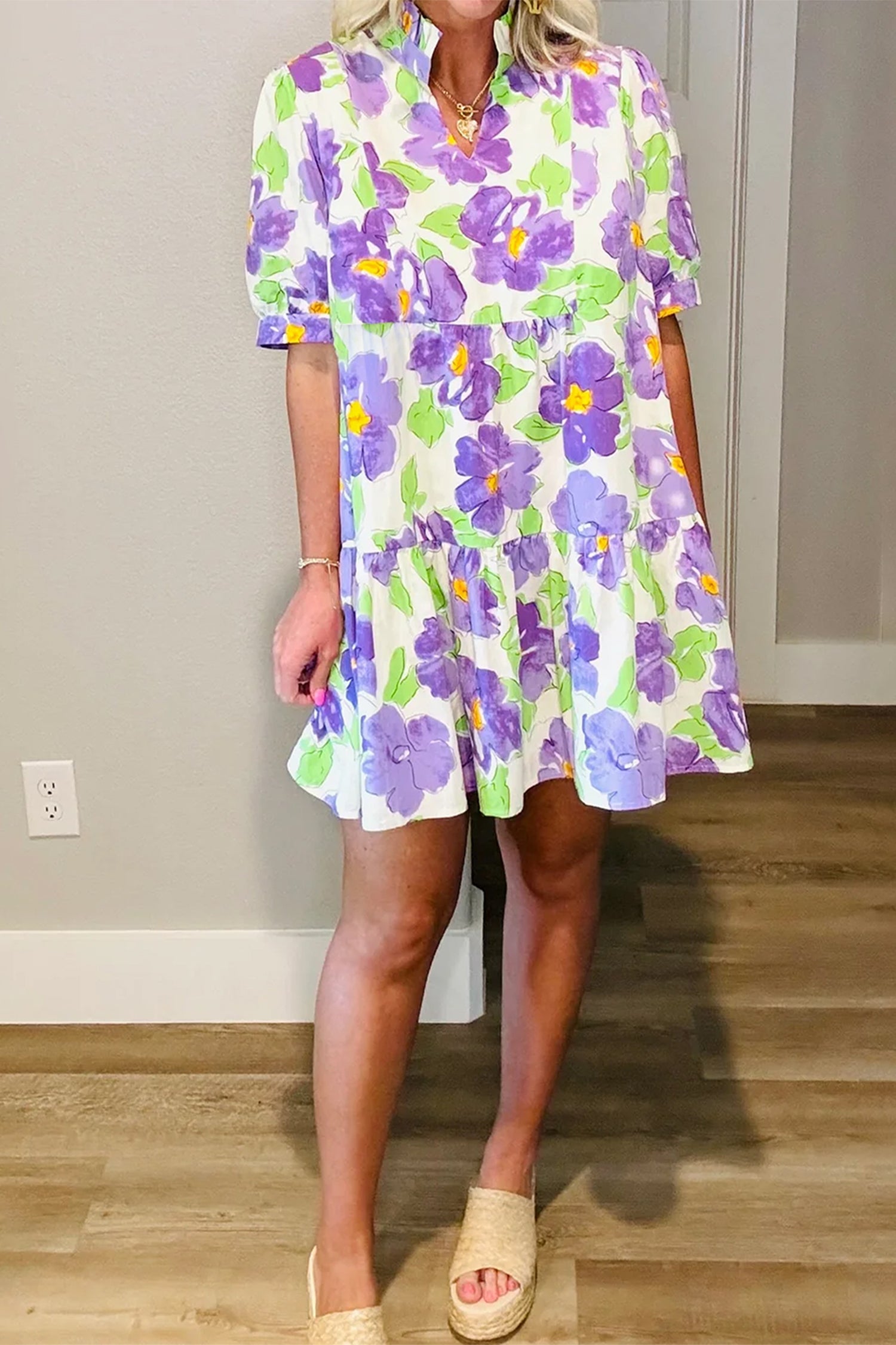 Floral Collared V-Neck Tiered Ruffle Mini Dress