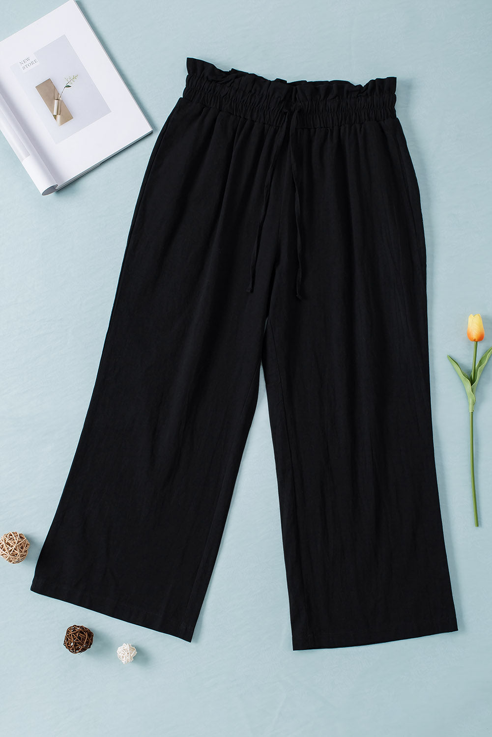 Solid Paperbag Waist Straight Leg Cropped Pants