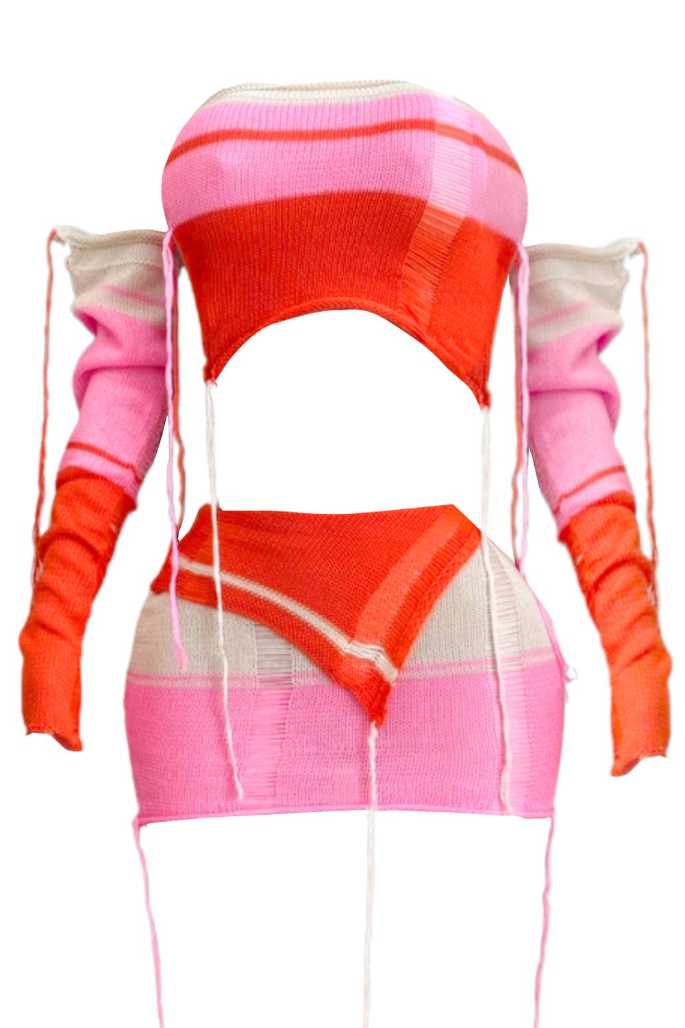NC2017A Colorblock Distressed Knit Two-Piece Set: PINK MULTI / S-M-L (2-2-2)