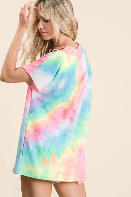 LMT1693-A-Get Back Criss Cross Tie Dye Top: NEON CORAL / L