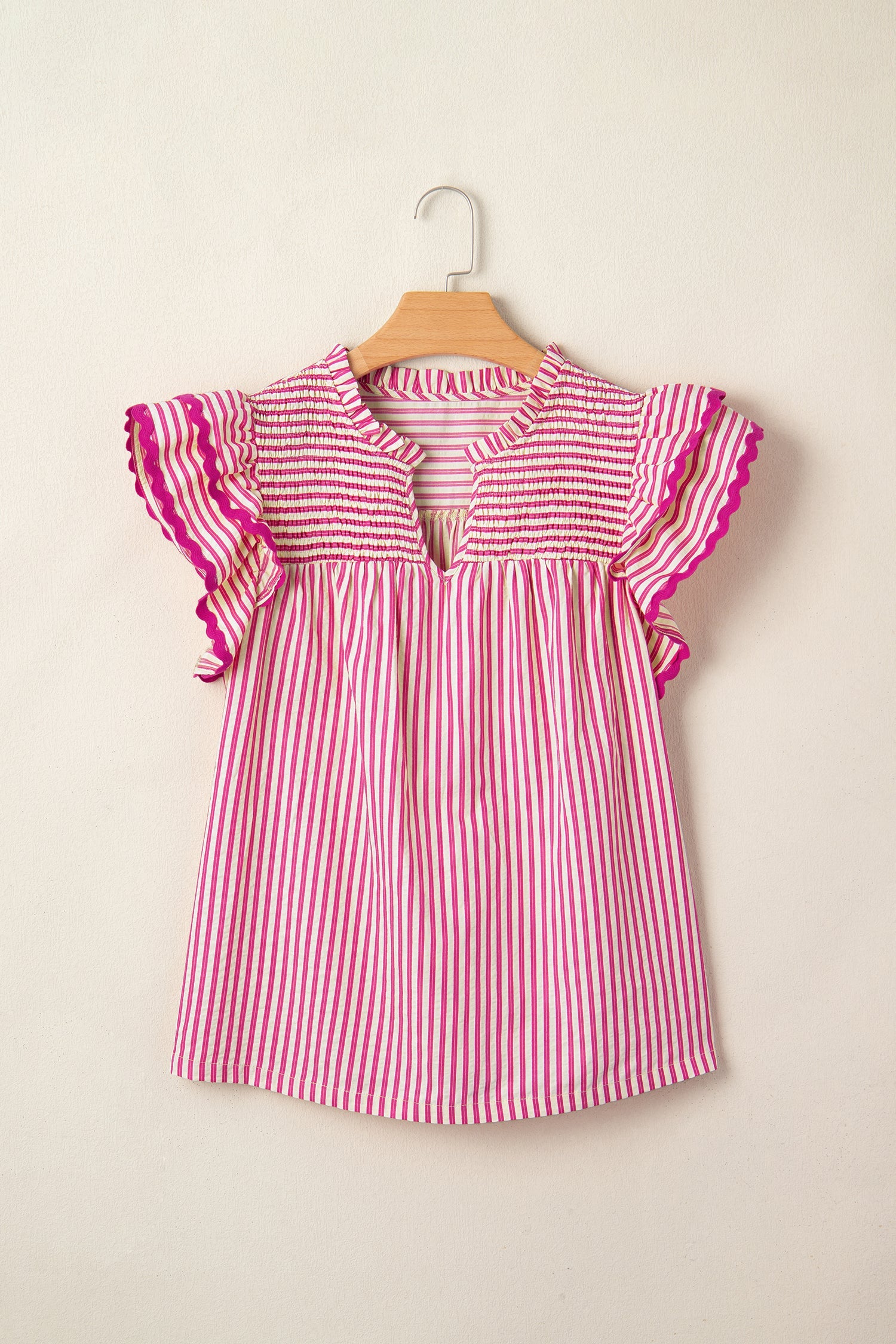 Stripe Smocked Yoke Short Sleeve Ruffle Blouse