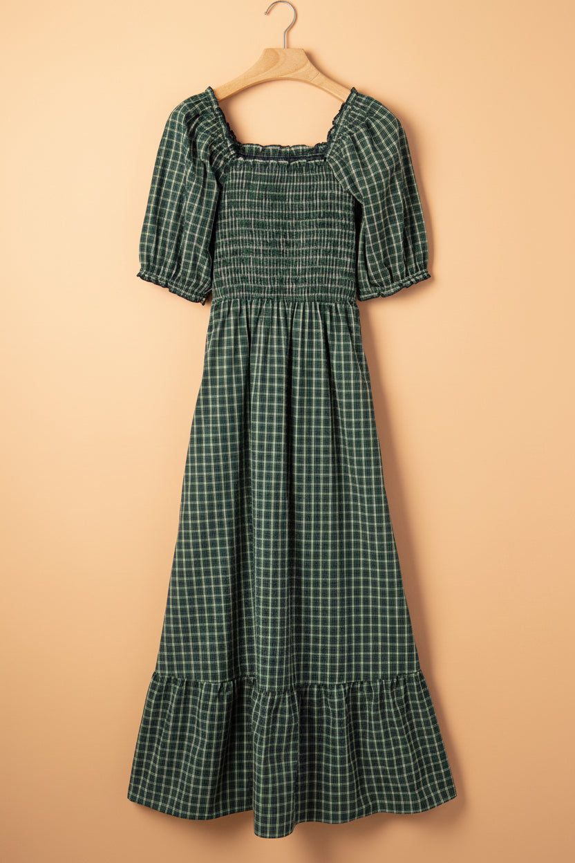 Plaid Shirred High Waist Square Neck Ruffle Hem Dress