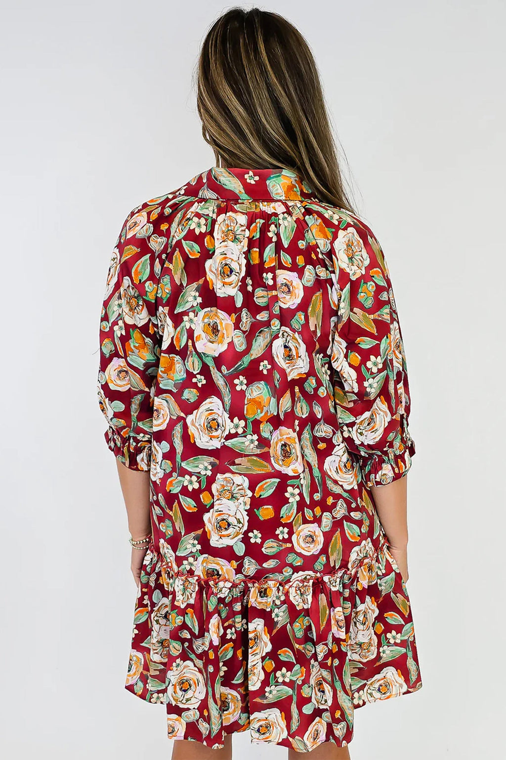 Floral Ruffle 3/4 Sleeve V-Neck Mini Dress
