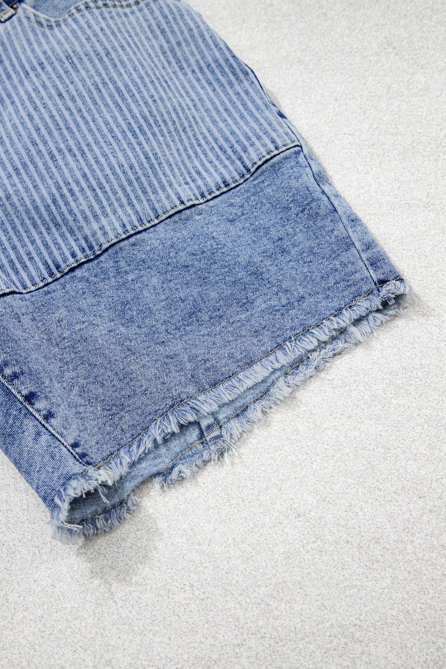 Stripe Denim Paisley Patchwork Raw Hem Shorts