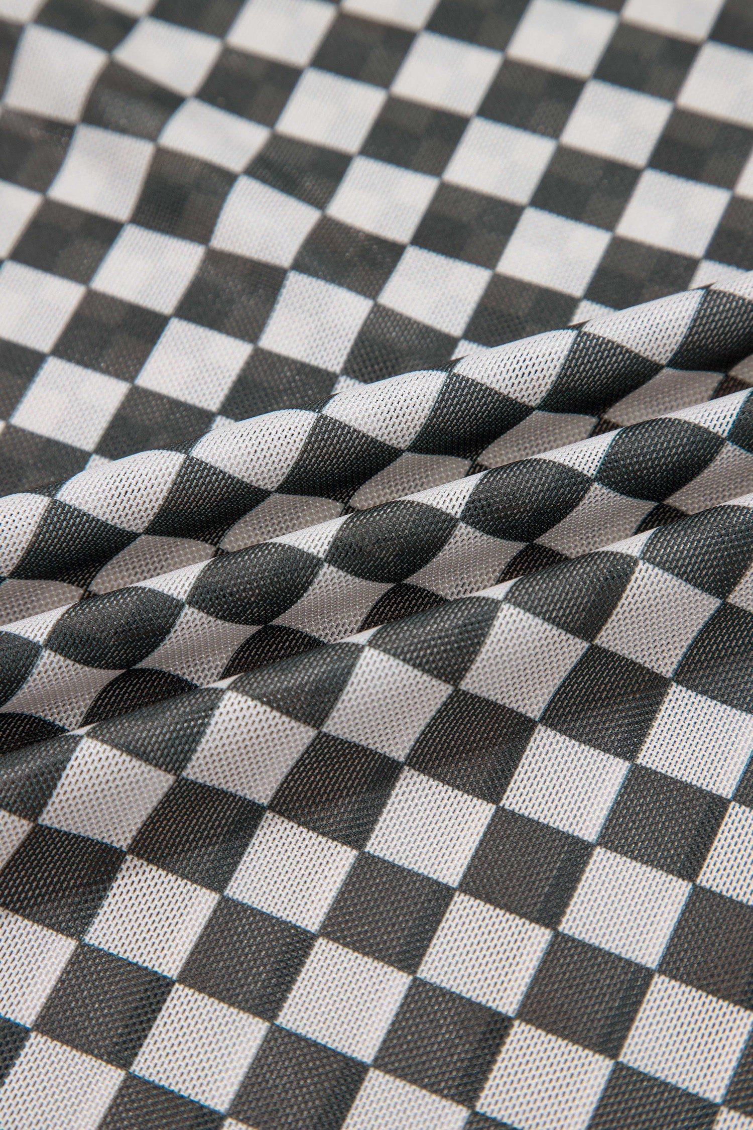 Checker Stand Neck Long Sleeve Mesh Top