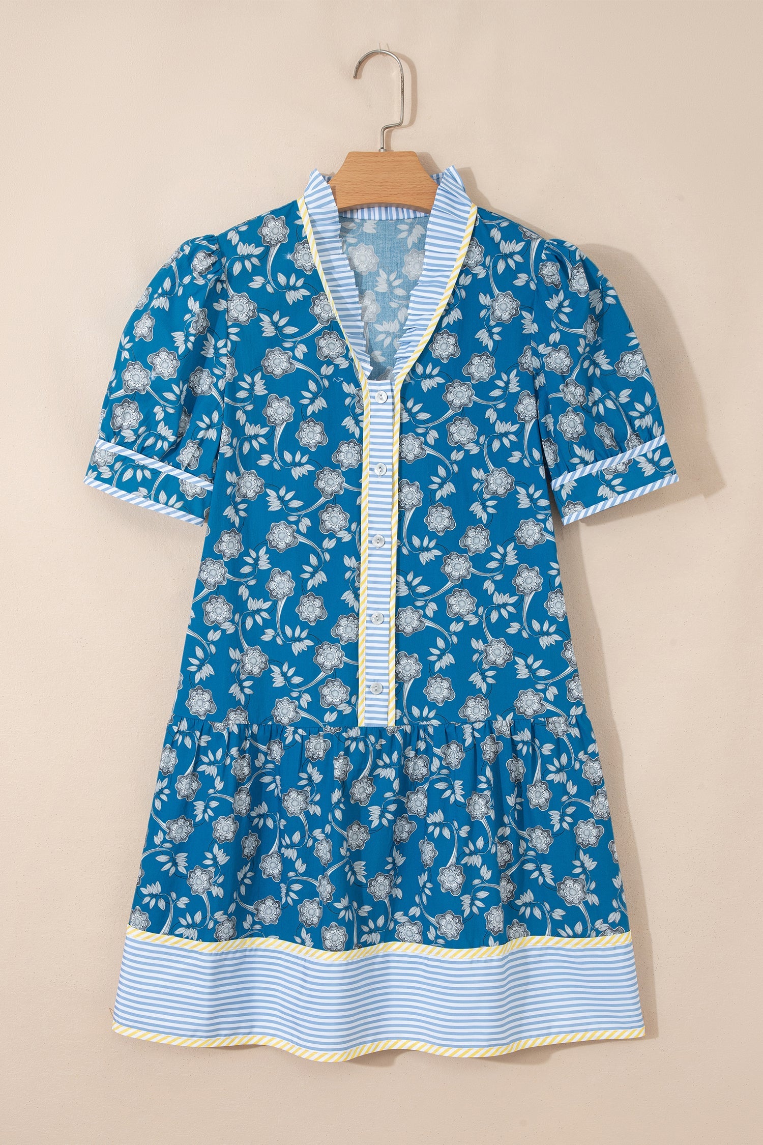Floral Ruffle Stripe Trim Short Sleeve Buttoned Dress