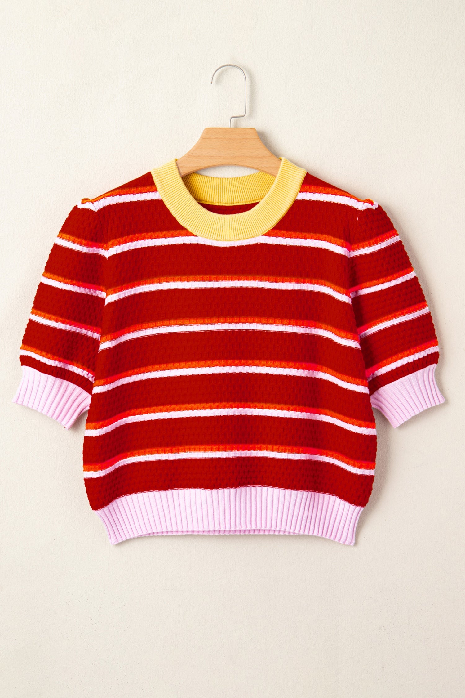 Stripe Colorblock Trim 3/4 Sleeve Sweater Top