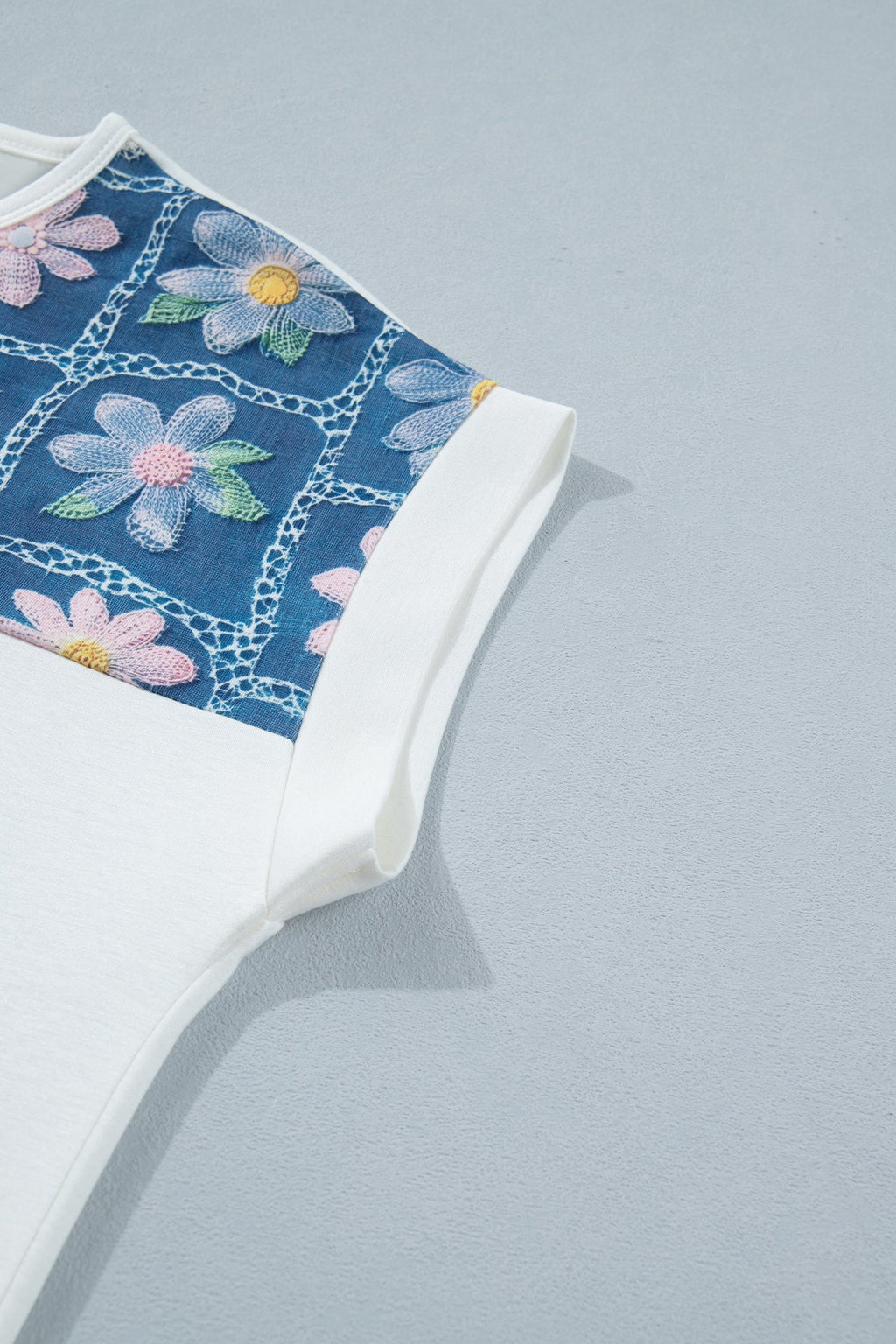 Floral Patchwork Short Sleeve Henley Blouse