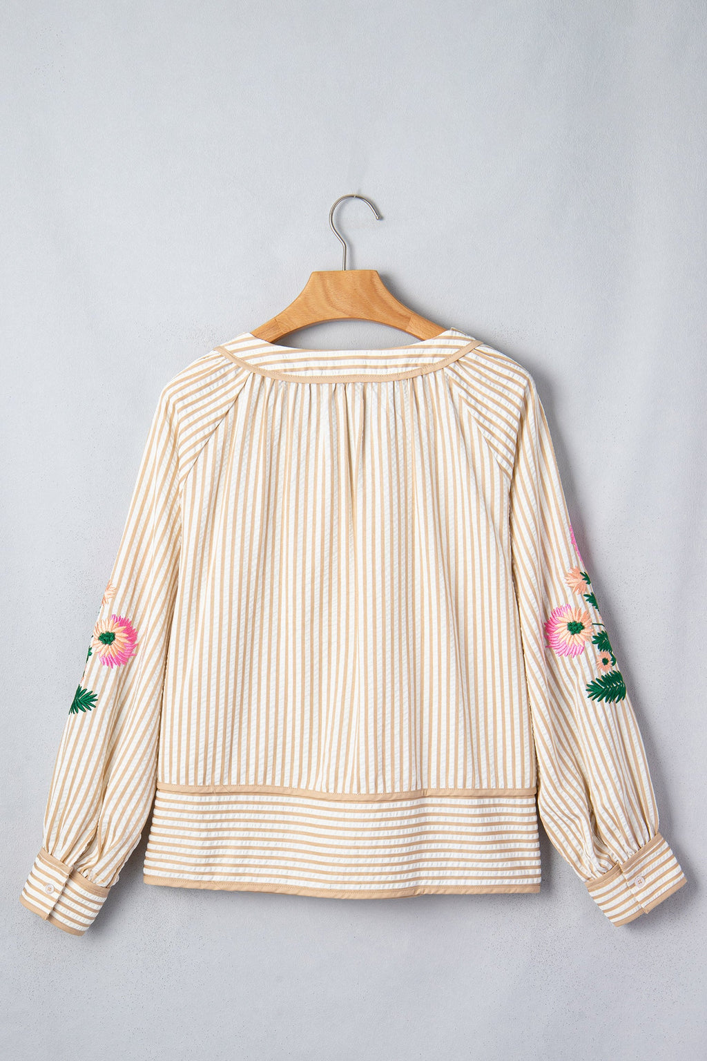 Floral Embroidered Stripe V-Neck Long Sleeve Blouse