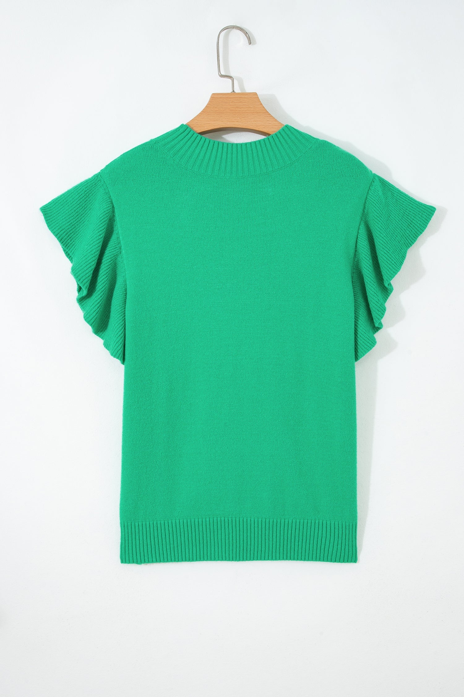 Solid Ruffle Sleeve Round Neck Ribbed Sweater