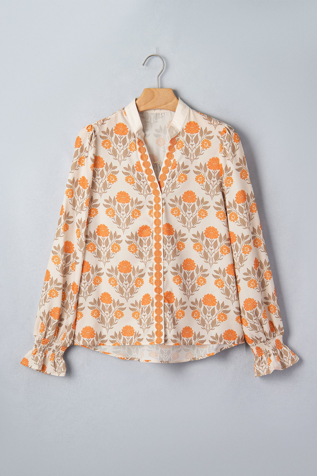 Floral Contrast Detail V-Neck Long Sleeve Blouse