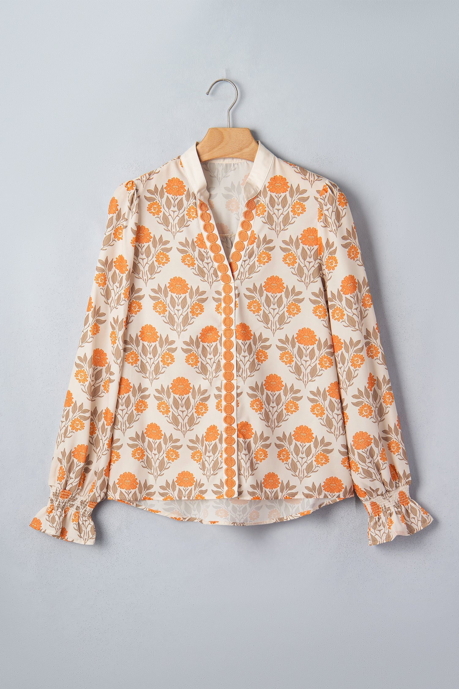 Floral Contrast Detail V-Neck Long Sleeve Blouse