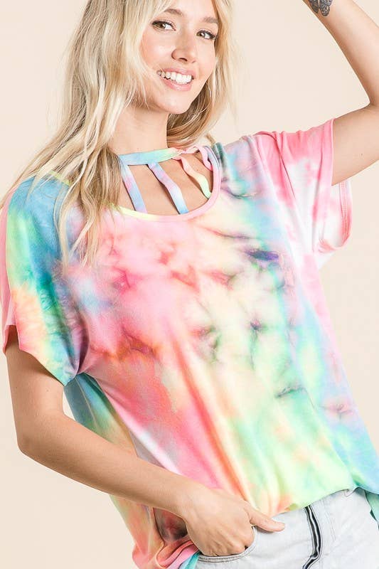 LMT1693-A-Get Back Criss Cross Tie Dye Top: NEON CORAL / M
