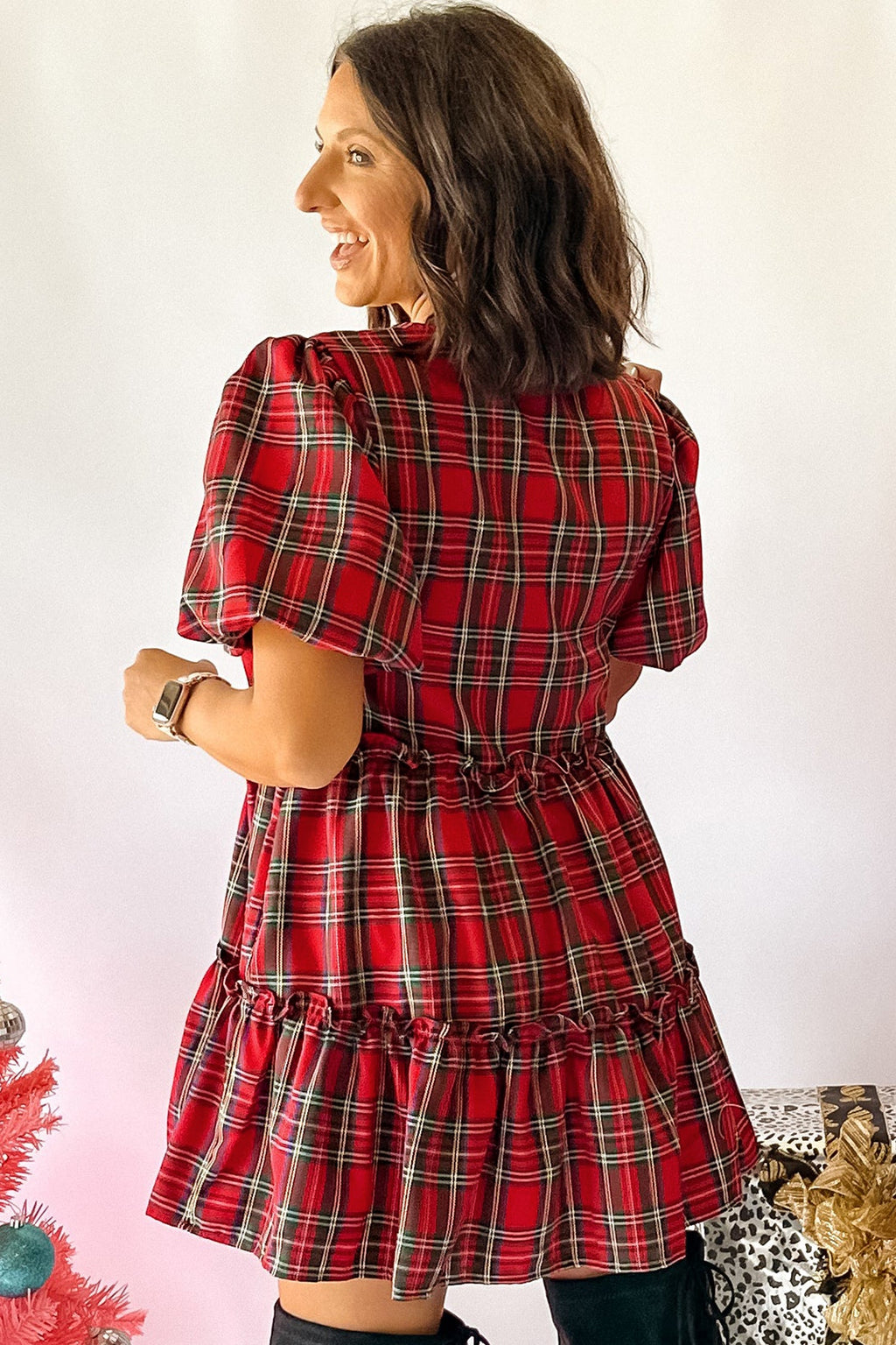 Plaid Bow Tie Neck Short Sleeve Ruffle Mini Dress