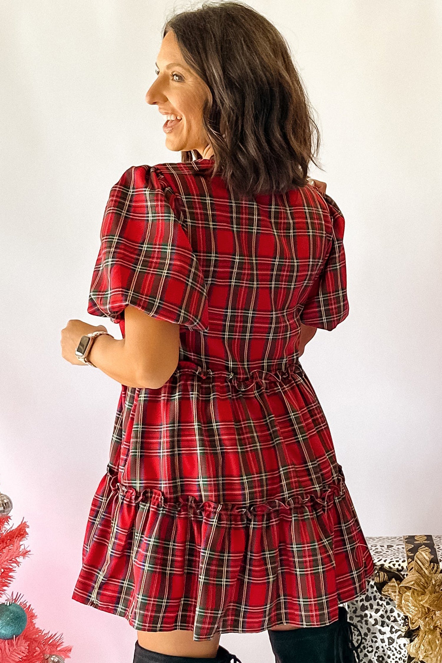 Plaid Bow Tie Neck Short Sleeve Ruffle Mini Dress