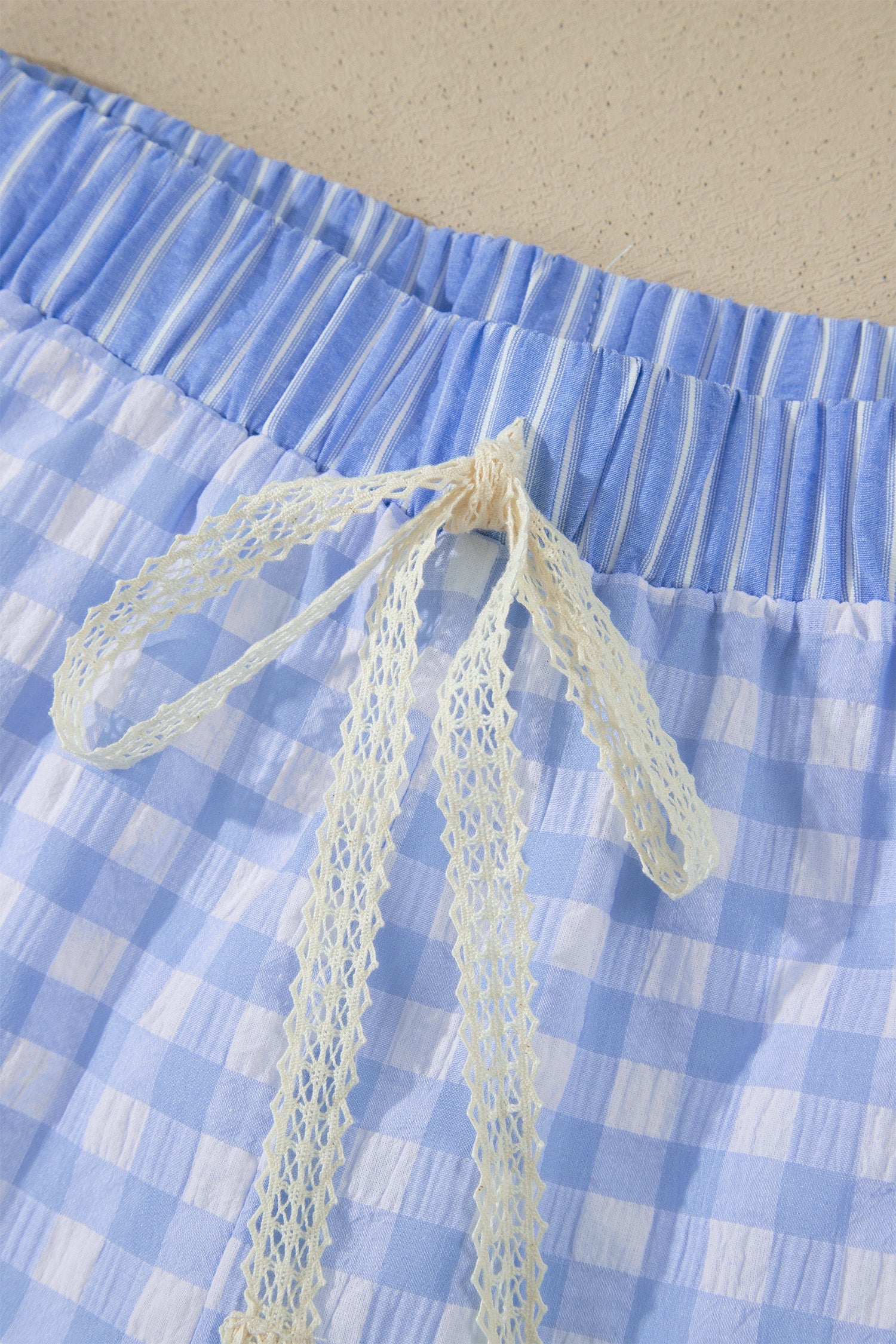 Gingham Ruffle Stripe Patchwork Lace Tie Shorts