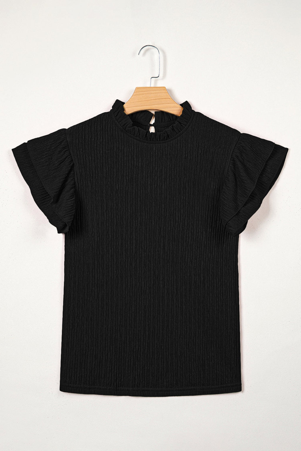 Solid Textured Ruffle Trim Short Sleeve Blouse