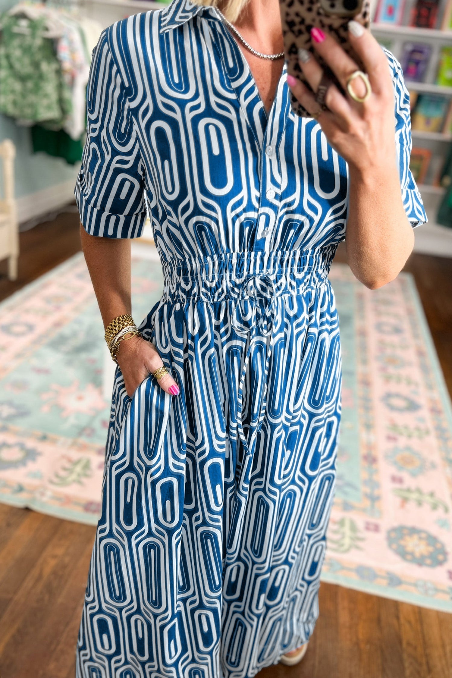 Geometric Drawstring Waist Short Sleeve Midi Dress