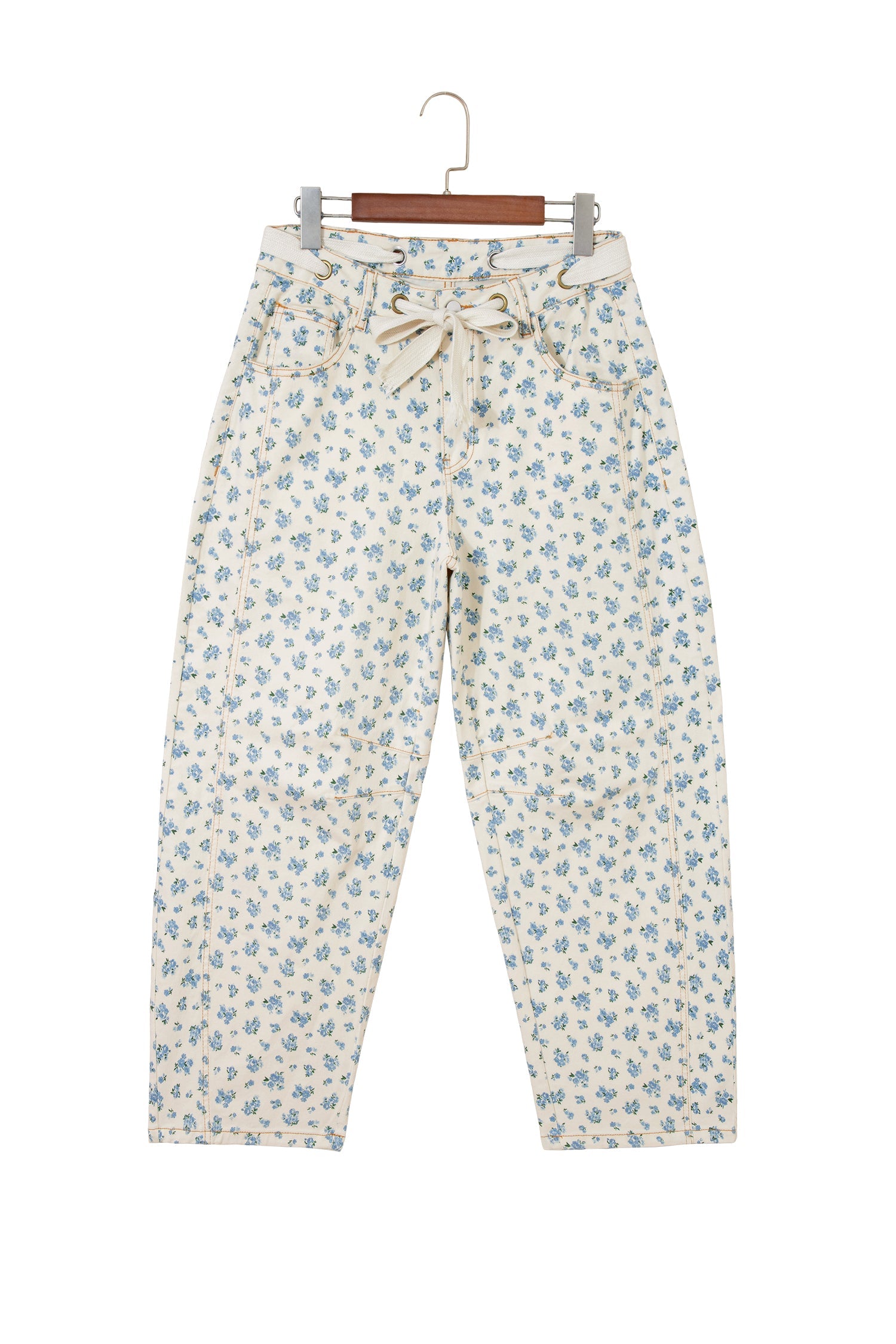 Floral Grommet Knot Waist Barrel Leg Jeans