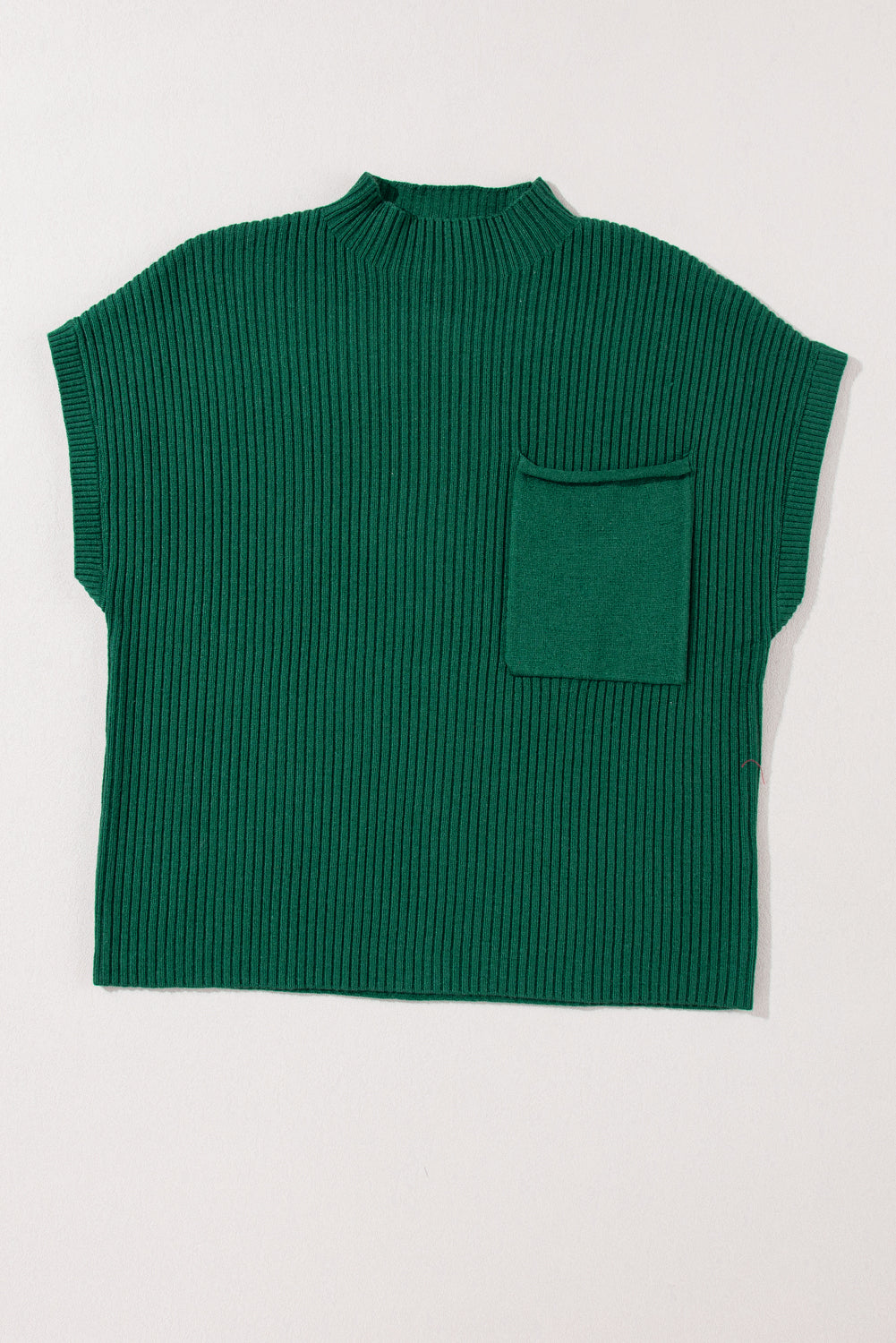 Solid Ribbed Knit Patch Pocket Short Sleeve Sweater