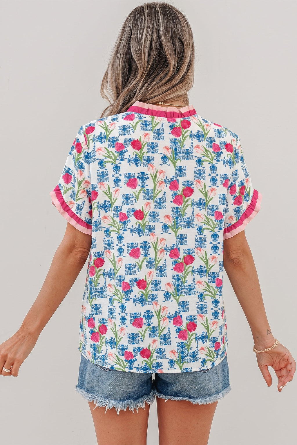 Floral Ruffle V-Neck Short Sleeve Tunic Shirt