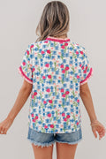 Floral Ruffle V-Neck Short Sleeve Tunic Shirt