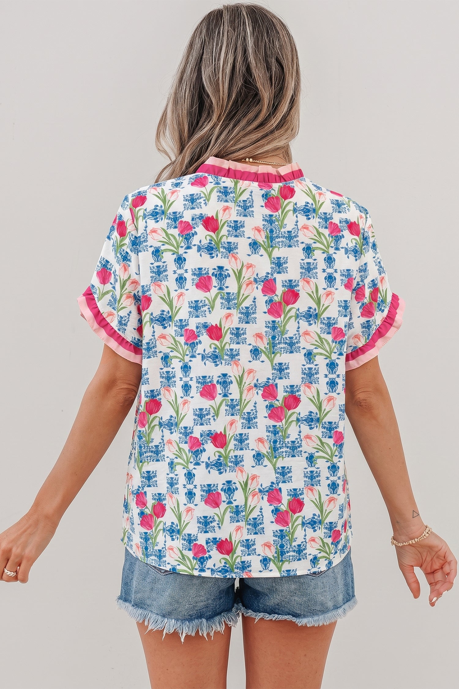 Floral Ruffle V-Neck Short Sleeve Tunic Shirt