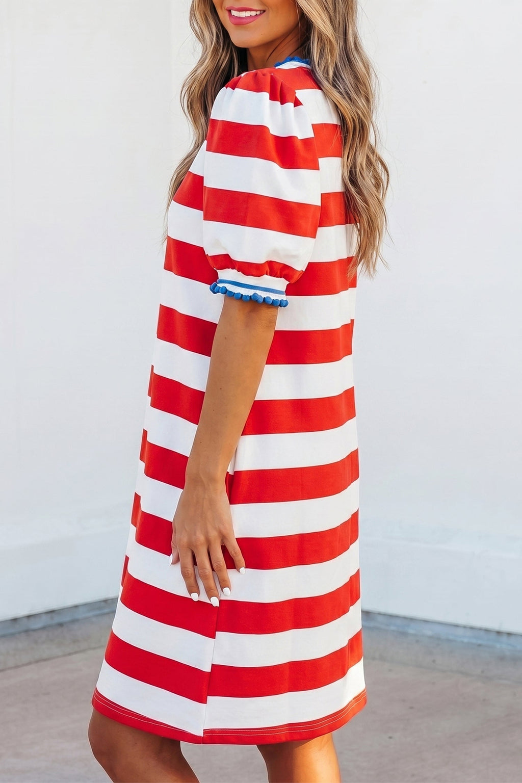 Americana Stripe Contrast Trim Puff Sleeve Dress