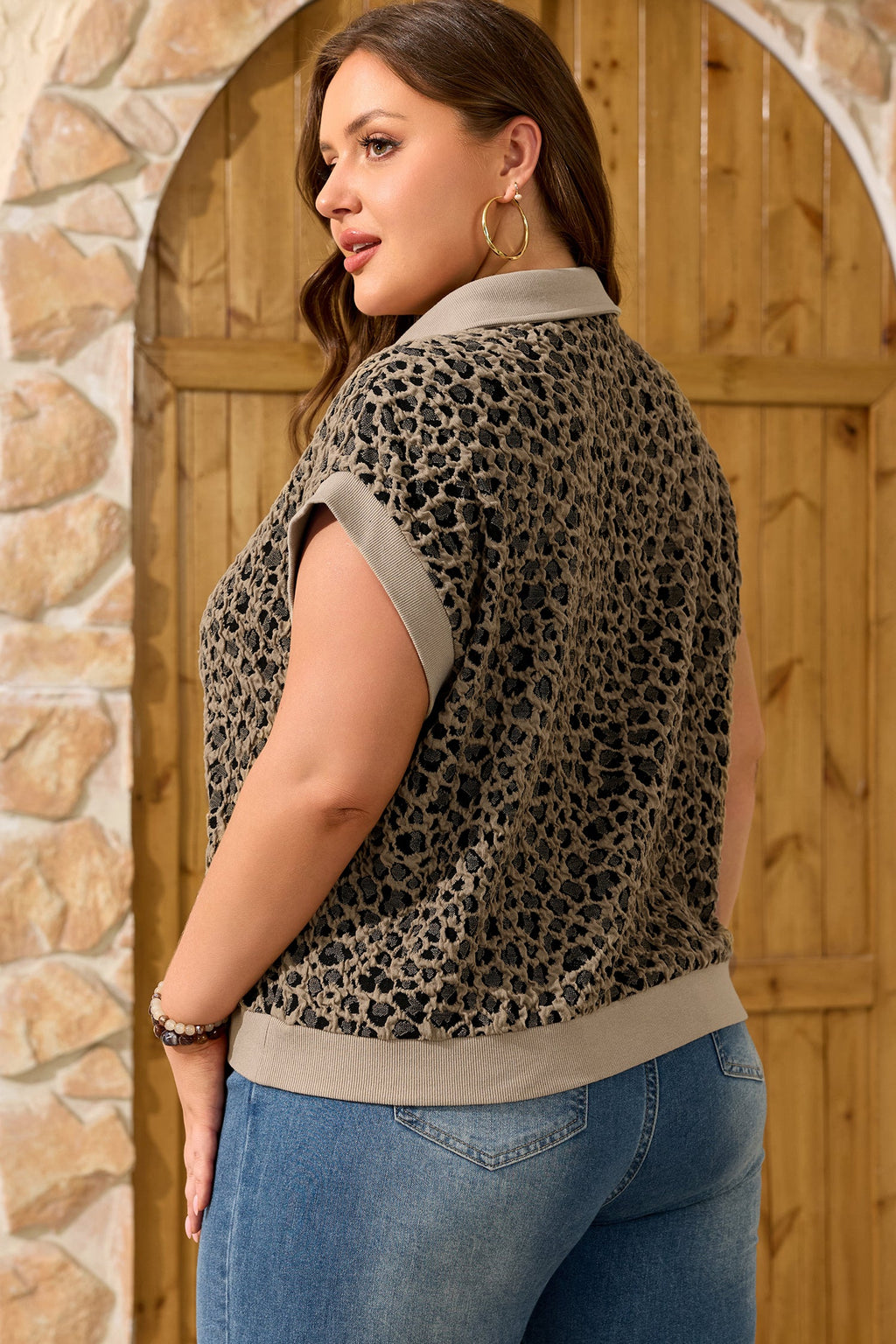 Plus Size Leopard Patchwork Ribbed Zip Up Collar Top