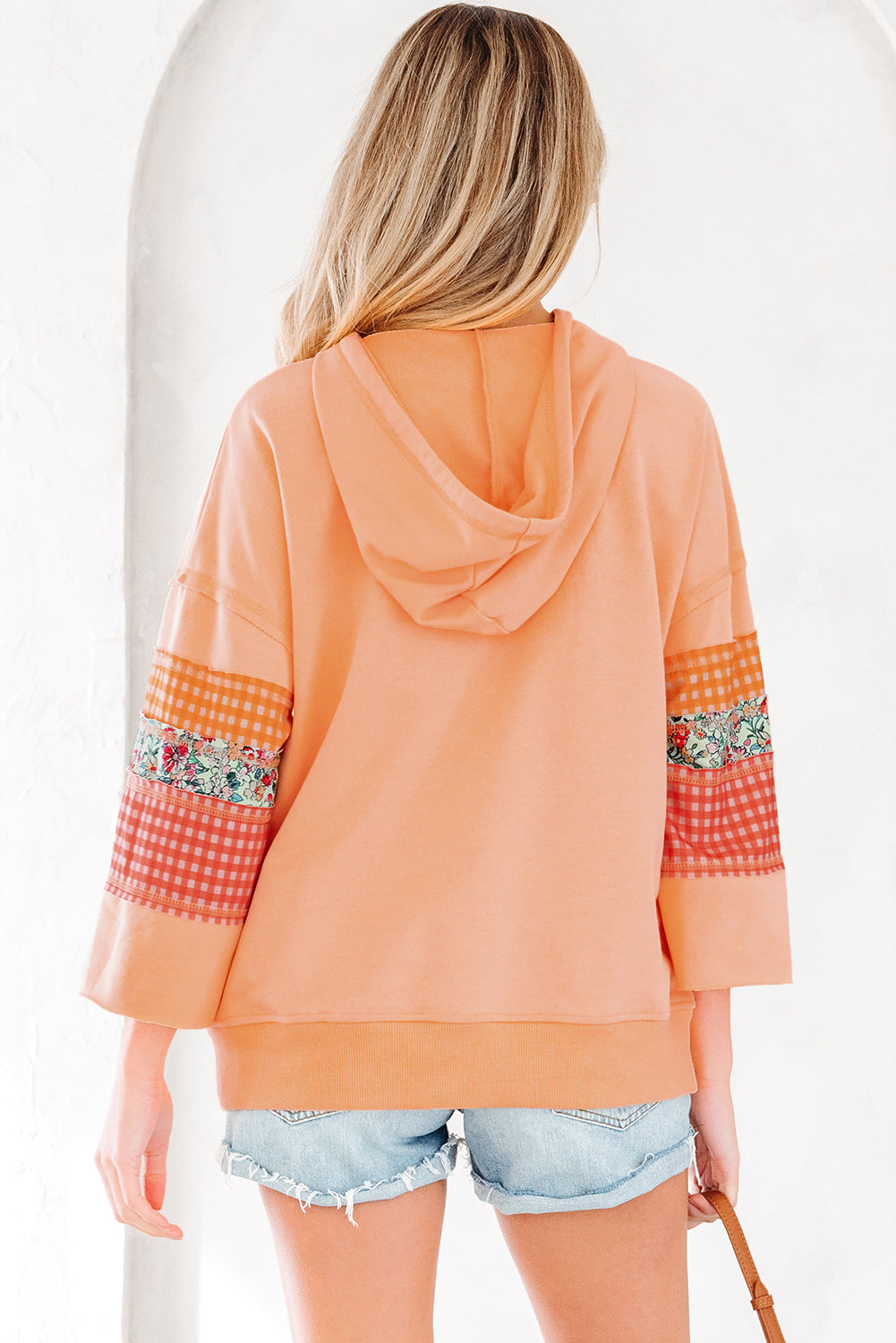 Plaid Floral Patchwork Kangaroo Pocket Hooded Top