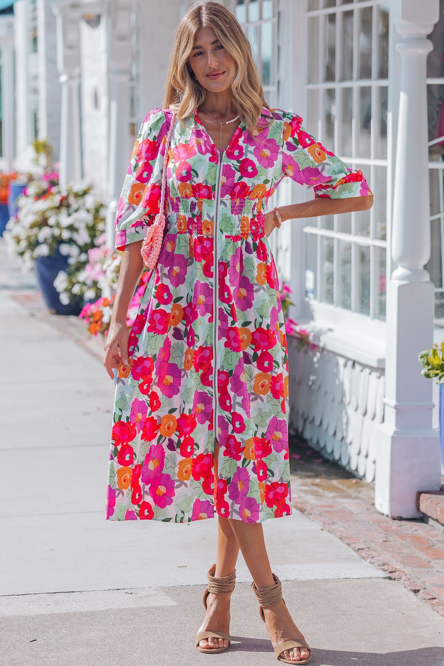 Floral Zip-Up V-Neck Short Puff Sleeve Dress