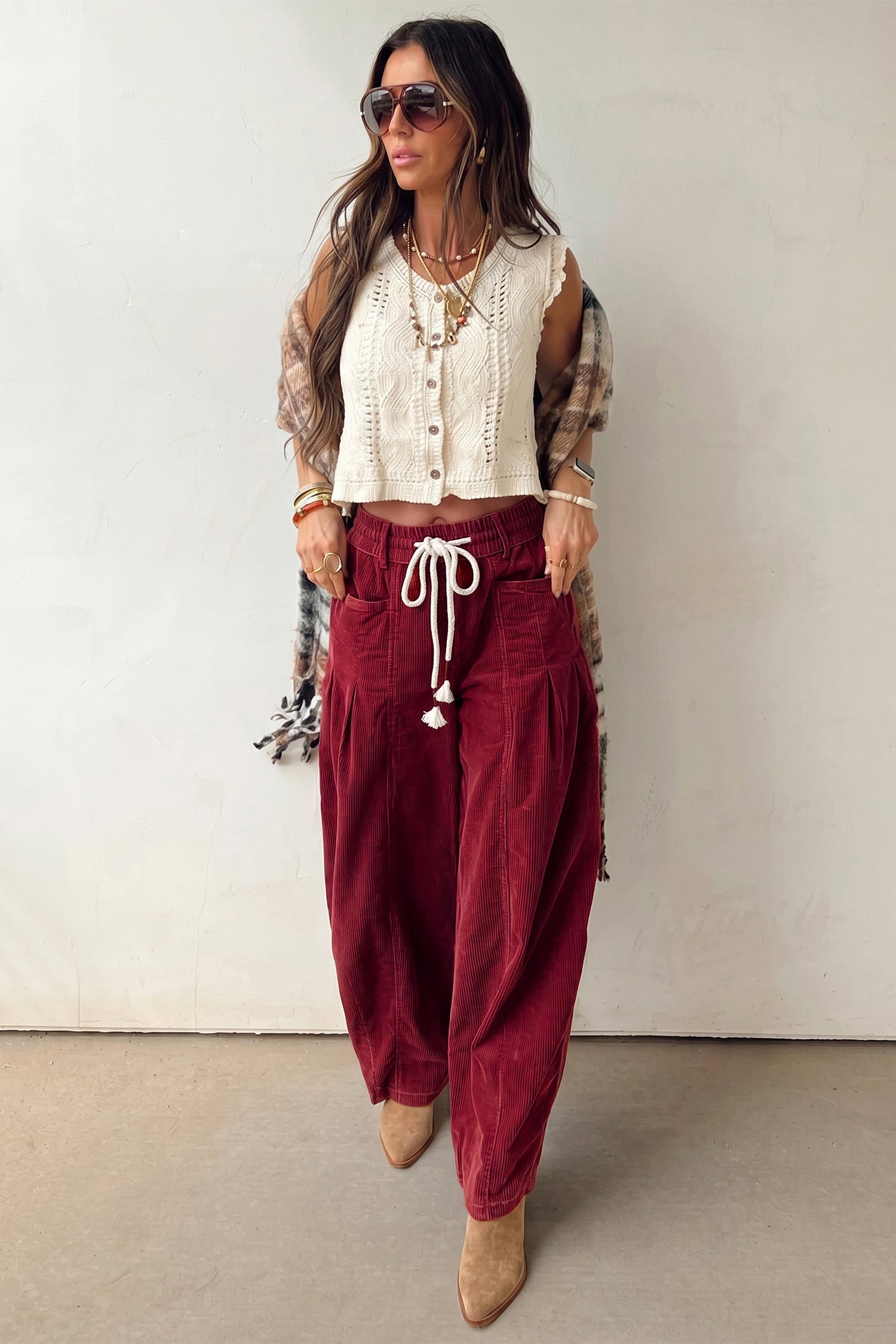 Corduroy Drawstring Waist Pleated Straight Leg Pants