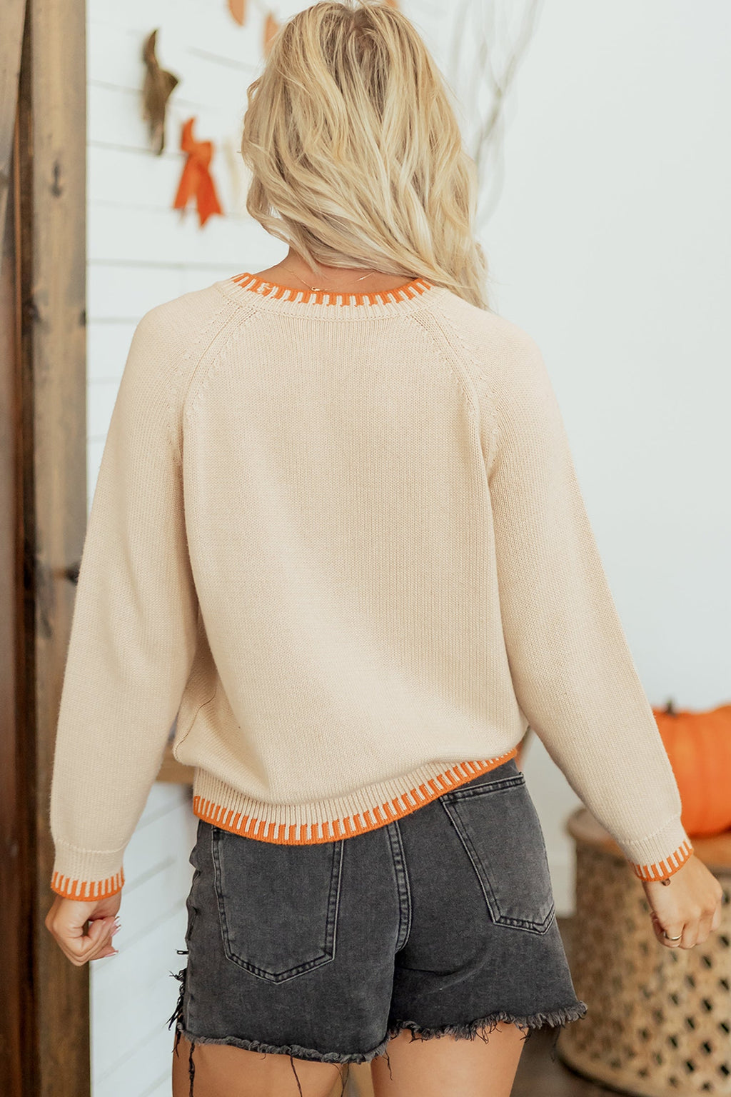 Pumpkin Floral Embroidered Round Neck Sweater