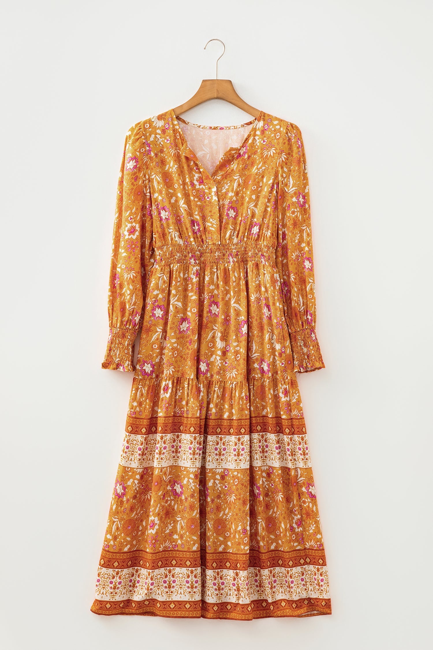 Boho Floral Smocked Waist Long Sleeve Maxi Dress