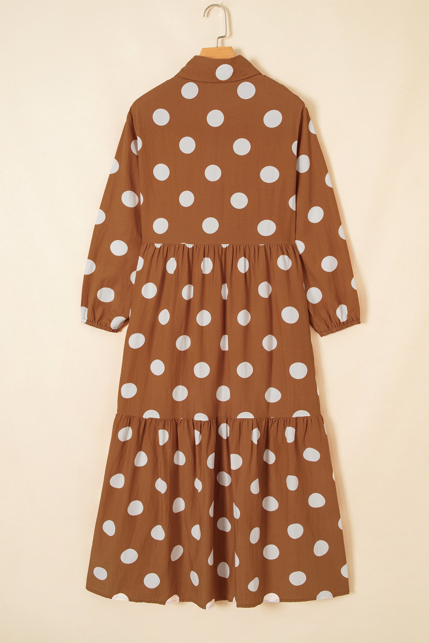 Polka Dot Buttoned Long Sleeve Tiered Midi Dress