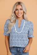 Floral Stripe Contrast Ric-Rac Puff Sleeve Top