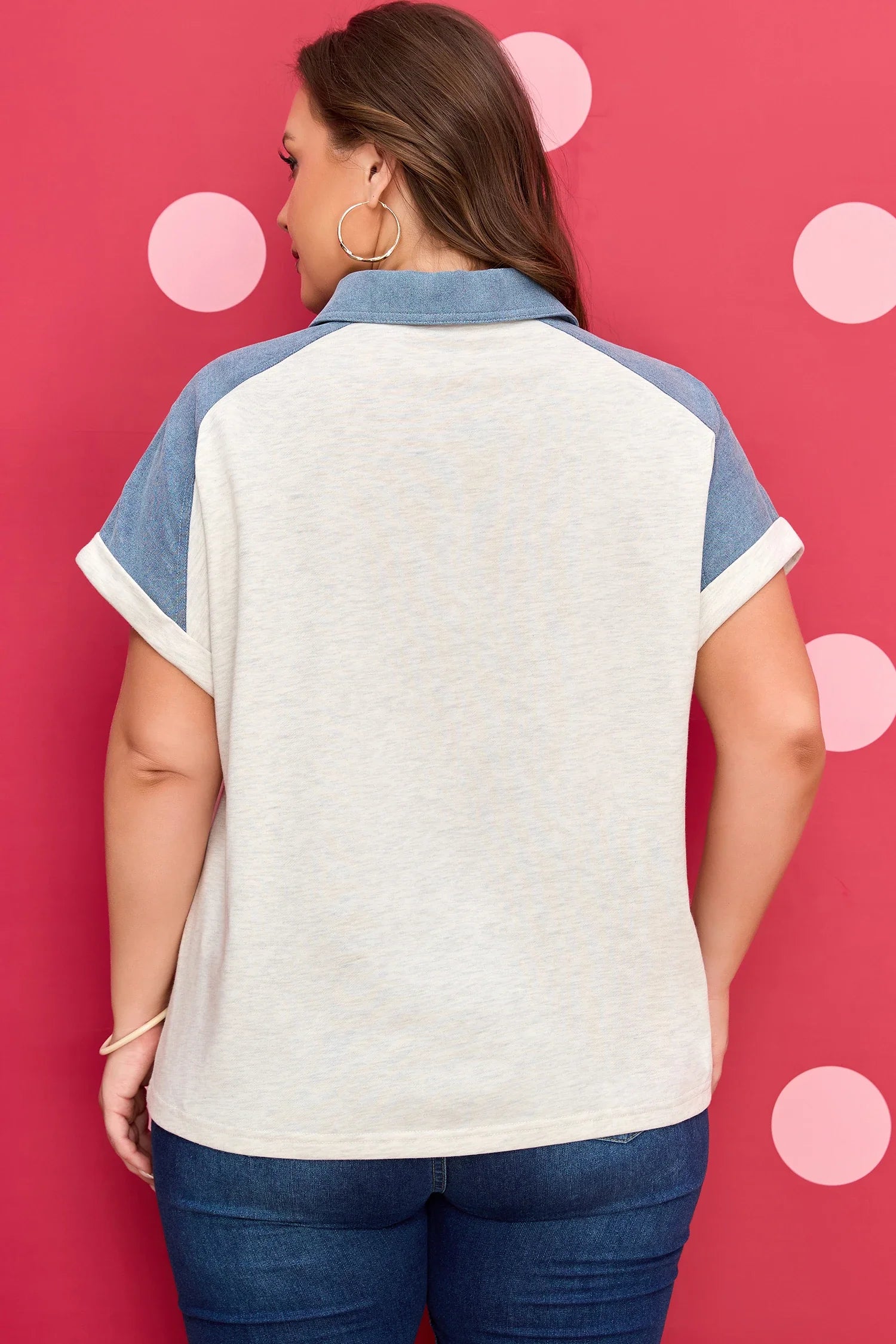Plus Size Denim Patchwork Cuff Sleeve Polo Tee