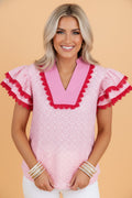 Flower Eyelet Embroidered Lace Flutter Sleeve Blouse